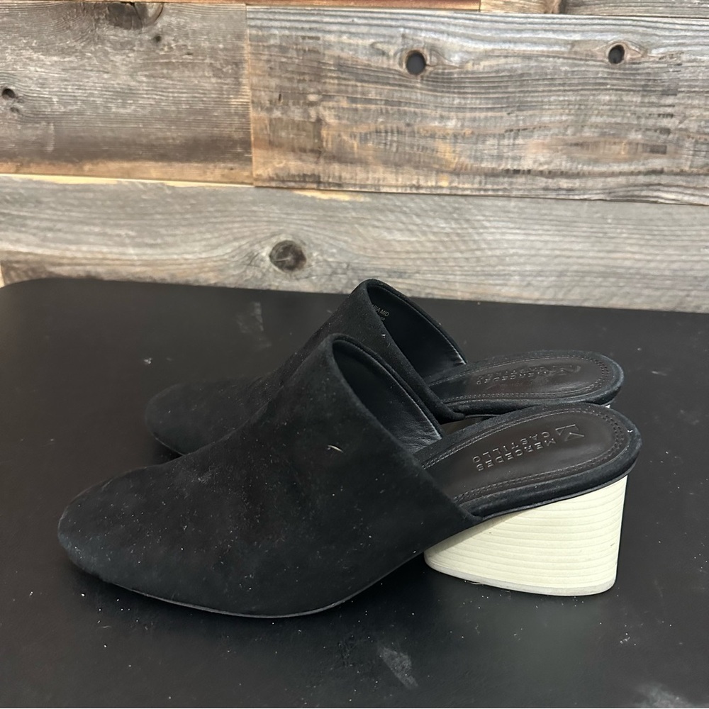 Women’s Mercedes Castillo Abia Mid Mules US 9 EU 39 Black Suede White Heel Shoes